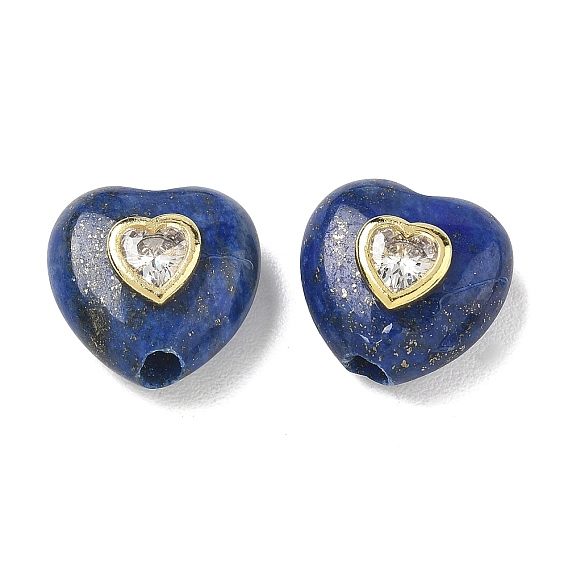 Dyed Natural Lapis Lazuli Beads, Heart, with Brass Micro Pave Clar Cubic Zirconia Findings, Golden