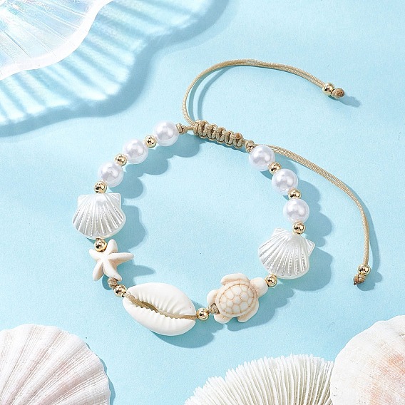 Браслеты из плетеных бусин с синтетической бирюзой, пластиковым жемчугом и латунными бусинами для женщин., форма ракушки, морская звезда и черепаха, с нейлоновым шнуром