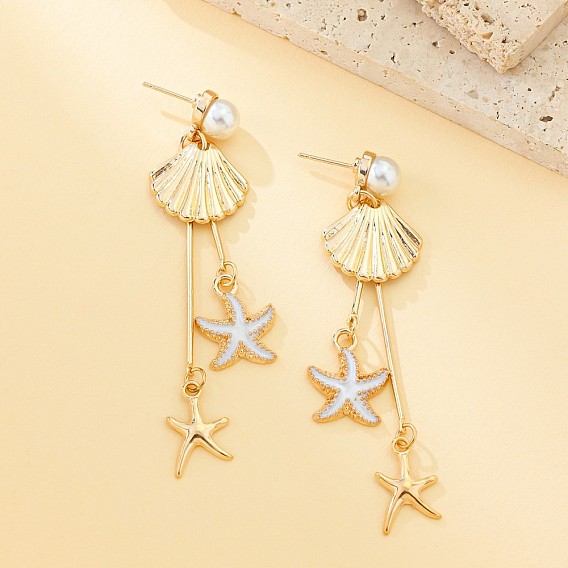 Серьги-гвоздики с кисточками из железной эмали в форме ракушки и морской звезды, с пластиковой жемчужины