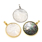 Rack Plating Carved Natural Shell Pendants, Flat Round with Butterfly Charm, with Brass Findings