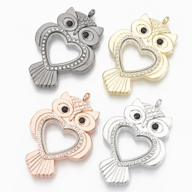 Alloy Magnetic Locket Big Pendants, with Rhinestone and Glass, Owl