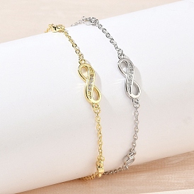 Brass Micro Pave Clear Cubic Zirconia Infinity Link Bracelets, Long-Lasting Plated, Rack Plating, Lead Free & Cadmium Free