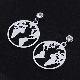 201 Stainless Steel Dangle Stud Earrings, with Clear Cubic Zirconia, Flat Round with Map