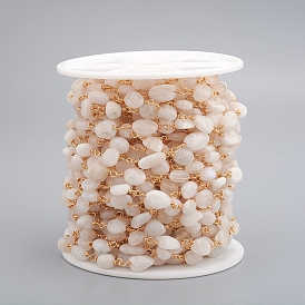 Chaînes de perles en pierre de lune arc-en-ciel naturelles faites à la main, non soudée, avec des résultats en laiton et une bobine