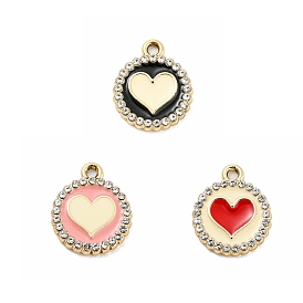 UV Plating Golden Alloy Enamel Pendants, with Crystal Rhinestone, Flat Round with Heart Charms