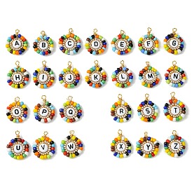 26 Pcs Acrylic Glass Seed Beaded Pendants, with Golden Brass Findings, Flat Round with Letter A~Z