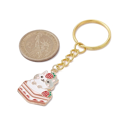 Strawberry Cat Alloy Enamel Pendant Keychain, with Iron Keychain Ring