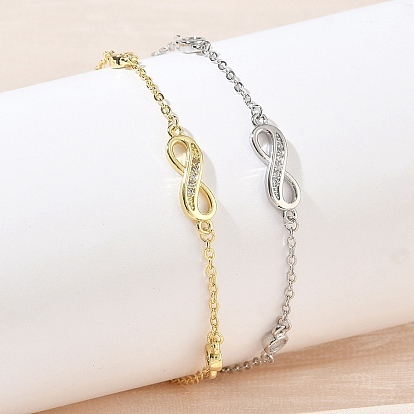 Brass Micro Pave Clear Cubic Zirconia Infinity Link Bracelets, Long-Lasting Plated, Rack Plating, Lead Free & Cadmium Free