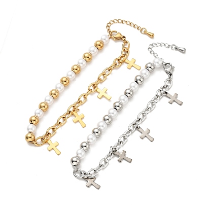 201 Stainless Steel Cross Charm Bracelet, Plastic Pearl Beaded Bracelet with 304 Stainless Steel Cable Chains for Women