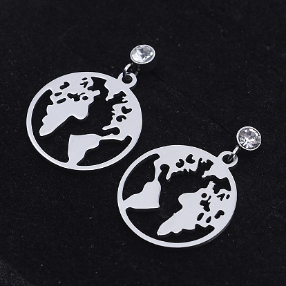 201 Stainless Steel Dangle Stud Earrings, with Clear Cubic Zirconia, Flat Round with Map
