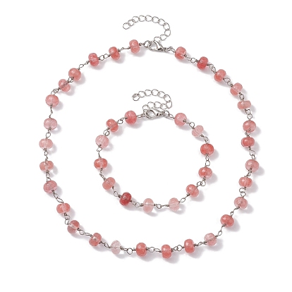 Rondelle Natural & Synthetic Gemstone Links Bracelets & Necklaces Sets, Brass Jewelry for Women