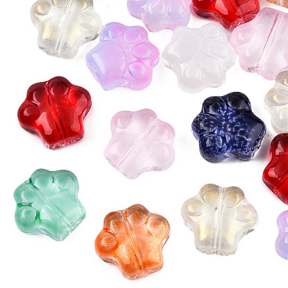 Transparent Spray Painted Glass Beads, Mixed Style, Dog Paw Prints