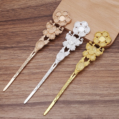 Alloy Hair Stick Findings, Cabochon Settings, Flower and Butterfly