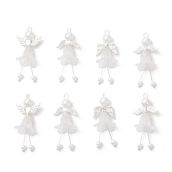 Подвески матовым акриловым, ангел, с фурнитурой из сплава и стеклянными жемчужными бусинами