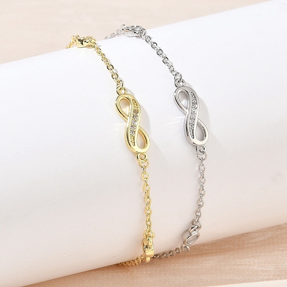 Pulseras de eslabones infinitos de latón con microengaste de circonitas cúbicas transparentes., larga duración plateado, chapado en rack, sin plomo y el cadmio