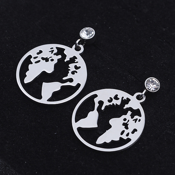 201 Stainless Steel Dangle Stud Earrings, with Clear Cubic Zirconia, Flat Round with Map