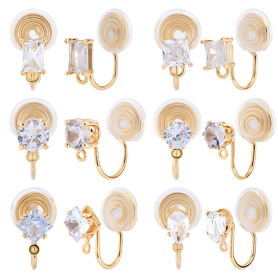 12шт. 6 стили латунные микропаве серьги-каффы с прозрачными кубическими циркониями, с петлей, долговечный, без никеля , разнообразные