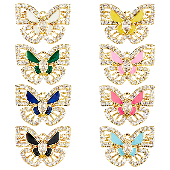 8подвески из латуни с кубическим цирконием, бабочка, с эмалью, реальный 18 k позолоченный
