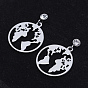 201 Stainless Steel Dangle Stud Earrings, with Clear Cubic Zirconia, Flat Round with Map