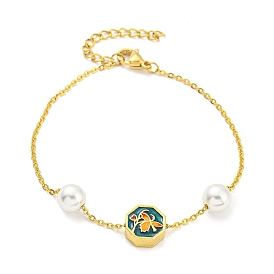 Brass Enamel Flower & Plastic Pearl Beaded Bracelet, with Ion Plating(IP) 304 Stainless Steel Chains, Long-Lasting Plated