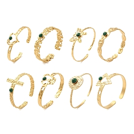 304 Stainless Steel Open Cuff Bangles, with Synthetic Malachite, Jewely Textured Bangles for Women, Real 18K Gold Plated