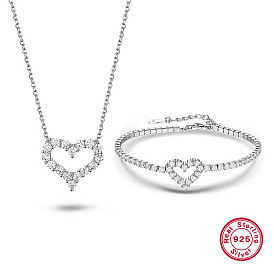 Conjunto de joyas con forma de corazón de plata de ley 925 chapada en rodio, Collares con colgante de circonita cúbica y pulsera de eslabones.
