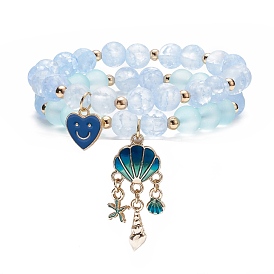 2Pcs 2 Style Glass Round Beaded Stretch Bracelets Set, Alloy Enamel Heart and Shell Shape Charm Bracelets for Women