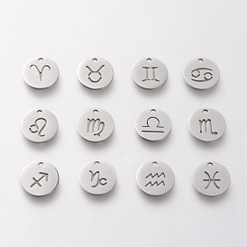 304 Stainless Steel Charms, Laser Cut, Flat Round with Constellation, Hollow