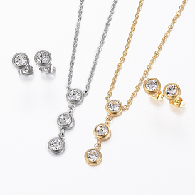 304 Stainless Steel Jewelry Sets, Stud Earrings and Pendant Necklaces, with Rhinestone, Flat Round