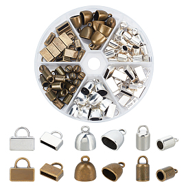 88Pcs 6 Style Tibetan Style Alloy Cord Ends, End Caps, Cadmium Free & Lead Free, Column & Dome & Lock