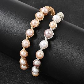 Браслеты-манжеты для женщин, обмотанные латунной проволокой и украшенные натуральным жемчугом., круглые, стойки покрытие, долговечный