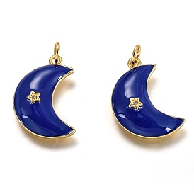 Brass Micro Pave Clear Cubic Zirconia Pendants, Long-Lasting Plated, with Jump Rings & Blue Enamel, Moon with Star