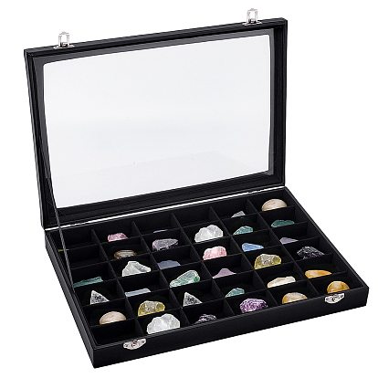 Vitrines à bijoux en MDF recouvertes de cuir PU avec fenêtre visible, pour boucles d'oreilles, bagues, bracelets, colliers, rectangle