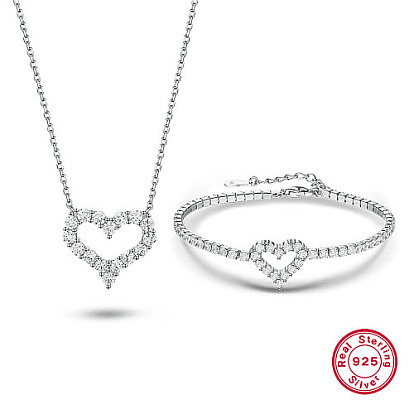 Rhodium Plated 925 Sterling Silver Heart Jewelry Set, Cubic Zirconia Pendant Necklaces and Link Bracelet