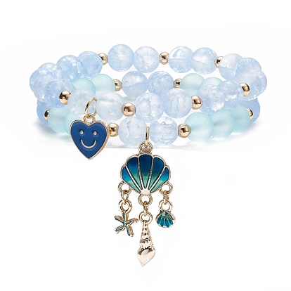 2Pcs 2 Style Glass Round Beaded Stretch Bracelets Set, Alloy Enamel Heart and Shell Shape Charm Bracelets for Women