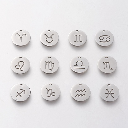 304 Stainless Steel Charms, Laser Cut, Flat Round with Constellation, Hollow