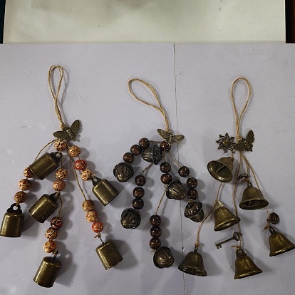3Pcs Iron Bell Hanging Ornaments, with Alloy Pendants and Jute Cord