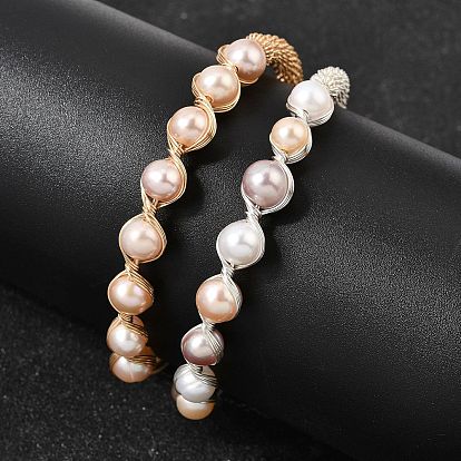 Браслеты-манжеты для женщин, обмотанные латунной проволокой и украшенные натуральным жемчугом., круглые, стойки покрытие, долговечный