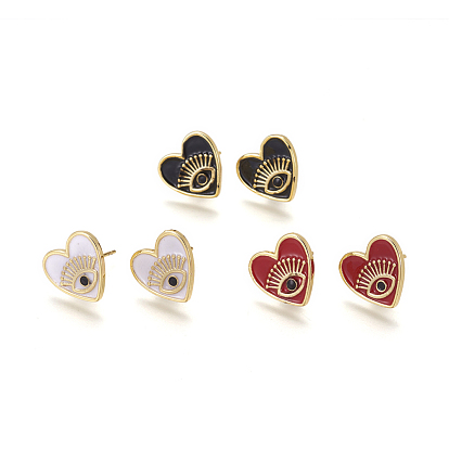 Brass Enamel Stud Earrings, Heart with Evil Eye, Golden