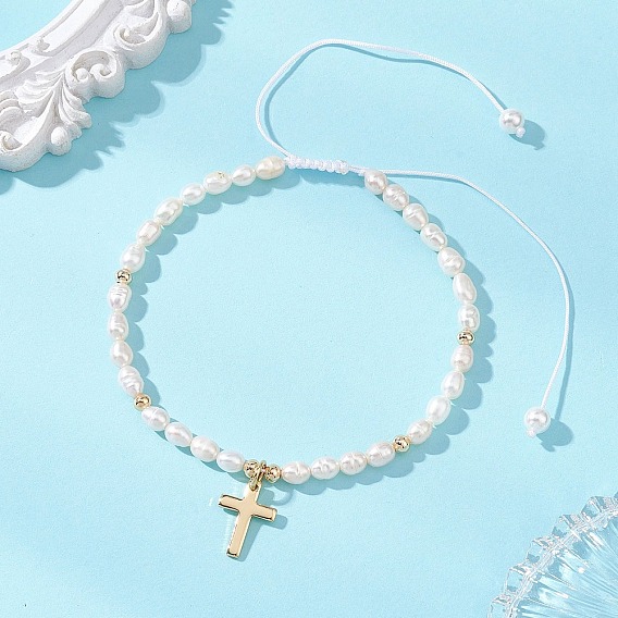 Браслеты с подвесками в виде креста из латуни, Браслеты из натуральных культивированных пресноводных жемчужин, плетеные из бусин, для женщин., с плетеным нейлоновым канатом