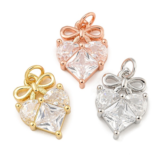 Покрытие стойки латунь микропаве прозрачные подвески из кубического циркония, без свинца и без кадмия, долговечный, сердце с бантом