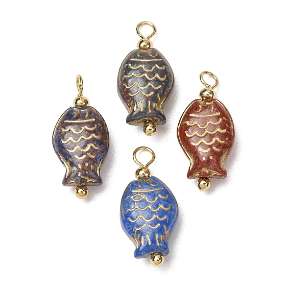 Baking Paint & Golden Metal Enlaced Glass Pendants, Fish Charm, with Brass Loops, Real 18K Gold Plated