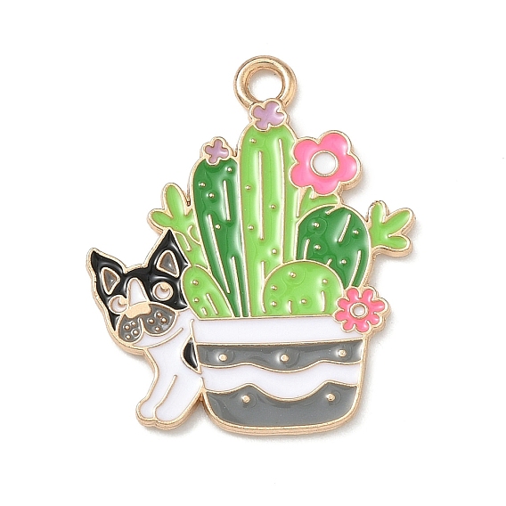 Small Potted Plant with Dog Alloy Enamel Pendants, Golden