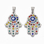 304 подвески из нержавеющей стали, с красочными горный хрусталь, железная оснастка под залог и эмаль, hamsa рука / рука fatima / рука miriam со сглазом