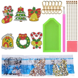 Christmas Theme DIY Diamond Painting Keychain Kits, Christmas Socks Christmas Tree Bell House Wreath Candy Cane, including Resin Rhinestones, Diamond Sticky Pen, Tray Plate and Glue Clay
