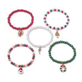 5 шт. 5 стили рождественская тематика акриловый искусственный жемчуг и сплав эмаль эластичный браслет с подвесками наборы для женщин
