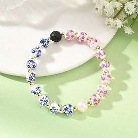 Handmade Printed Porcelain Beaded Bracelets, Round, with Natural Lava Rock Round Beads, Natural Cultured Freshwater Pearl Beads and Electroplate Non-magnetic Synthetic Hematite Beads