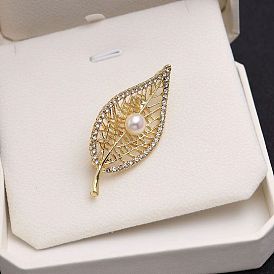 Hollow leaf pearl brooch for women, alloy diamond corsage brooch