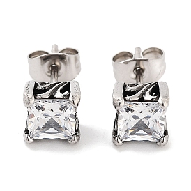 Square 316 Surgical Stainless Steel Pave Clear Cubic Zirconia Stud Earrings for Women Men