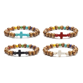 Bracelet extensible en perles de bois naturel et croix turquoise synthétique (teinte) pour femmes